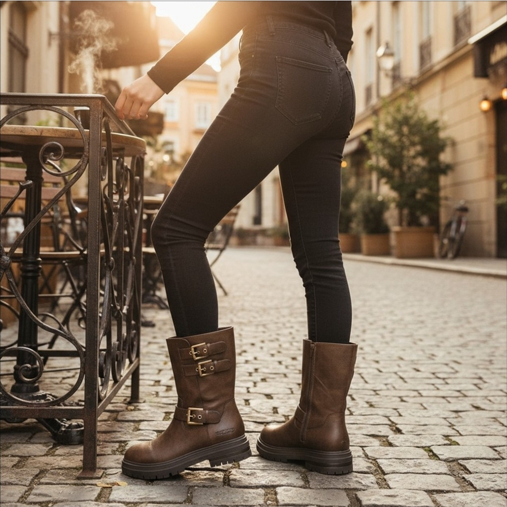 Sun + Stone Onnyx Lug Biker Moto Zip On Buckle Boots Booties 7 M Chocolate Brown - Picture 3 of 13